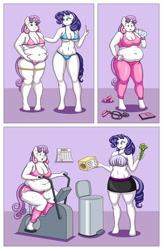 Size: 2600x4000 | Tagged: safe, alternate version, artist:lordstormcaller, derpibooru import, rarity, sweetie belle, anthro, unguligrade anthro, belly, belly button, bikini, calendar, chubby, clothes, comic, cookie, cute, diet, exercise, exercise bike, exercise machine, eyeshadow, fat, female, fetish, food, high res, indoors, jump rope, leg warmers, makeup, measuring, measuring tape, pants, pudgy, purple background, sexy, shorts, siblings, simple background, sisters, sports bra, sweat, sweatpants, sweetie belly, swimsuit, thighs, trash can, vegetables, weight loss, weights, wide eyes, workout