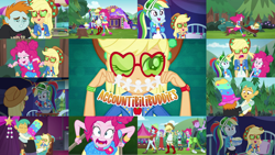Size: 1280x721 | Tagged: safe, derpibooru import, edit, edited screencap, editor:quoterific, screencap, applejack, pinkie pie, rainbow dash, snails, snips, accountibilibuddies, accountibilibuddies: pinkie pie, accountibilibuddies: rainbow dash, accountibilibuddies: snips, better together, equestria girls, broken foot, eyes closed, geode of sugar bombs, geode of super speed, geode of super strength, glasses, hug, magical geodes, music festival outfit, one eye closed, pain, screaming