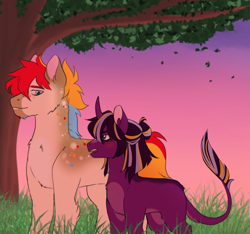 Size: 2347x2196 | Tagged: safe, artist:void-sommar, derpibooru import, oc, oc only, oc:hill sprint, oc:page turner, earth pony, pony, unicorn, art trade, blushing, duo, female, grass, leonine tail, magical lesbian spawn, male, mare, offspring, parent:applejack, parent:rainbow dash, parent:tempest shadow, parent:twilight sparkle, parents:appledash, parents:tempestlight, stallion, sunset, tree