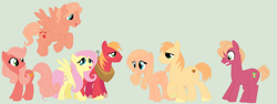 Size: 1928x726 | Tagged: safe, artist:lanabananaa, artist:selenaede, derpibooru import, big macintosh, fluttershy, oc, earth pony, pegasus, pony, base used, family, female, fluttermac, freckles, green background, male, mare, offspring, parent:big macintosh, parent:fluttershy, parents:fluttermac, pegasus oc, shipping, simple background, stallion, straight, unshorn fetlocks