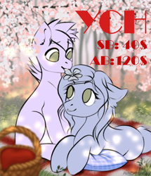 Size: 1101x1280 | Tagged: safe, artist:honeyapplecake, artist:honeyapplecake1, derpibooru import, earth pony, pegasus, pony, unicorn, cherry blossoms, commission, cute, flower, flower blossom, spring, your character here