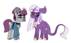Size: 883x529 | Tagged: safe, artist:just-evs, derpibooru import, maud pie, twilight sparkle, classical unicorn, earth pony, pony, unicorn, alternate design, ascot, base used, choker, clothes, cloven hooves, ear piercing, earring, female, glasses, jacket, jewelry, leonine tail, lesbian, missing horn, piercing, ring, shipping, simple background, tail, tail ring, twimaud, unshorn fetlocks, wedding ring, white background