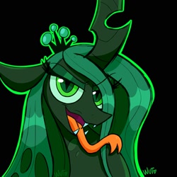 Size: 2000x2000 | Tagged: safe, artist:wutanimations, derpibooru import, queen chrysalis, changeling, changeling queen, black background, bust, female, looking at you, simple background, smiling, solo, tongue, tongue out