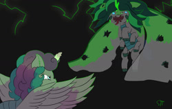 Size: 1280x809 | Tagged: safe, artist:schumette14, derpibooru import, princess flurry heart, oc, oc:codweb armor, alicorn, changeling, changepony, hybrid, crystal empire, fight, interspecies offspring, offspring, parent:princess cadance, parent:queen chrysalis, parent:shining armor, parents:shining chrysalis, parents:shiningcadance, princess, story included