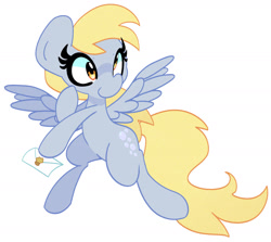 Size: 1847x1644 | Tagged: safe, artist:kindakismet, derpibooru import, derpy hooves, pegasus, pony, envelope, flying, letter, smiling, spread wings, wings