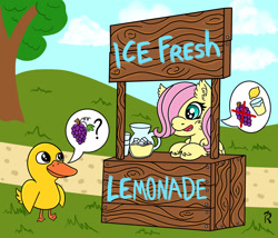 Size: 1920x1646 | Tagged: safe, artist:dawn-designs-art, derpibooru import, fluttershy, bird, duck, pegasus, pony, anniversary, digital art, female, filly, filly fluttershy, food, got any grapes?, grapes, juice, lemon, lemonade, lemonade stand, simple background, solo, song, song in the comments, song reference, the duck song, younger