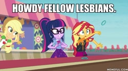 Size: 600x337 | Tagged: safe, derpibooru import, edit, edited screencap, screencap, applejack, sci-twi, sunset shimmer, twilight sparkle, better together, equestria girls, rollercoaster of friendship, caption, geode of empathy, geode of super strength, geode of telekinesis, image macro, magical geodes, text