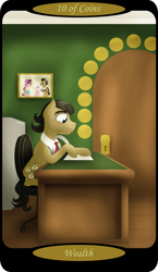 Size: 1500x2591 | Tagged: safe, artist:sixes&sevens, derpibooru import, part of a set, diamond tiara, filthy rich, spoiled rich, earth pony, chair, desk, door, family photo, filing cabinet, male, minor arcana, office, quill, sitting, solo, tarot card, ten of coins