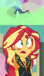 Size: 940x1608 | Tagged: safe, derpibooru import, edit, edited screencap, screencap, adagio dazzle, sunset shimmer, better together, equestria girls, find the magic, forgotten friendship, blushing, female, geode of empathy, lesbian, magical geodes, shipping, sunsagio