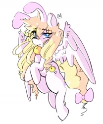 Size: 1681x2020 | Tagged: safe, artist:bluewolfiess, derpibooru import, oc, oc only, pegasus, pony, bell, bell collar, bow, bunny ears, collar, crying, flying, looking at you, tail bow