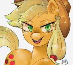 Size: 1600x1426 | Tagged: safe, artist:bluewolfiess, derpibooru import, applejack, earth pony, pony, looking at you, open mouth, smiling, solo