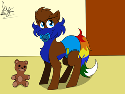 Size: 1600x1200 | Tagged: safe, artist:jay_wackal, derpibooru import, oc, oc only, oc:rubik, earth pony, pony, age regression, colt, cute, diaper, foal, male, original character do not steal, pacifier, teddy bear, younger