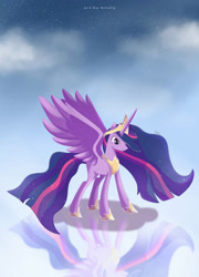 Size: 1024x1424 | Tagged: safe, artist:nnaly, derpibooru import, princess twilight 2.0, twilight sparkle, twilight sparkle (alicorn), alicorn, pony, the last problem, cloud, crown, ethereal mane, female, flowing mane, flowing tail, hoof shoes, horn, jewelry, long horn, older, older twilight, peytral, purple eyes, reflection, regalia, signature, sky, solo, sparkles, spread wings, starry mane, wings