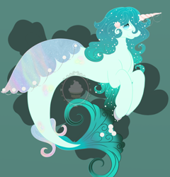 Size: 1916x1998 | Tagged: safe, artist:midnight-mocha, derpibooru import, oc, oc only, oc:amino, seapony (g4), blue eyes, dorsal fin, fin wings, fins, fish tail, flowing tail, green background, looking at you, seashell, simple background, smiling, solo, tail, trade, watermark, wings