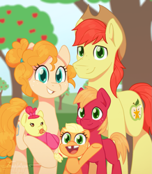 Size: 965x1109 | Tagged: safe, artist:imaplatypus, derpibooru import, apple bloom, applejack, big macintosh, bright mac, pear butter, earth pony, pony, apple, apple family, apple tree, baby, baby apple bloom, colt, colt big macintosh, cute, family, female, filly, filly applejack, foal, freckles, gap teeth, jackabetes, male, mare, pacifier, smiling, stallion, tree, young, younger