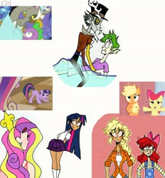 Size: 2472x2662 | Tagged: safe, artist:citi, derpibooru import, screencap, apple bloom, applejack, discord, princess cadance, spike, twilight sparkle, human, a canterlot wedding, apple family reunion, make new friends but keep discord, humanized, messy mane, out of context, scene interpretation, screencap reference