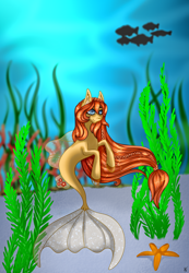 Size: 1000x1446 | Tagged: safe, artist:ashestoashkar, derpibooru import, oc, oc only, fish, seapony (g4), blue eyes, clothes, commission, coral, crepuscular rays, dorsal fin, ear fluff, ears, female, fins, fish tail, flowing mane, ocean, seaweed, see-through, smiling, solo, swimming, tail, underwater, water, ych result