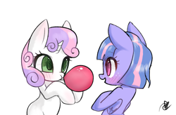 Size: 3647x2393 | Tagged: safe, artist:choyamy, derpibooru import, sweetie belle, wind sprint, pegasus, unicorn, blowing, blushing, bubblegum, cute, diasweetes, female, filly, food, gum, simple background, sprintabetes, white background