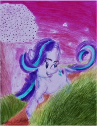Size: 3400x4400 | Tagged: safe, artist:lincolnbrewsterfan, derpibooru exclusive, derpibooru import, starlight glimmer, classical unicorn, unicorn, beautiful, blossoms, cloven hooves, colored pencil drawing, detailed, female, field, fur, gradient background, grass, grass field, hair, leonine tail, looking back, lovely, magenta, mane, mare, nc-tv, nc-tv signature, path, pink, pink sky, pretty, realistic, realistic mane, running, signature, smiling, spring, starlight's cutie mark, sunrise, tail, traditional art, trail, tree, unshorn fetlocks, wallpaper, windswept hair, windswept mane, windswept tail