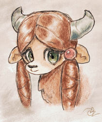 Size: 1000x1189 | Tagged: safe, artist:choyamy, derpibooru import, yona, yak, bust, female, gradient background, horns, looking at you, portrait, solo, traditional art