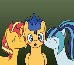 Size: 1280x1125 | Tagged: safe, artist:platinumdrop, derpibooru import, flash sentry, sonata dusk, sunset shimmer, earth pony, pegasus, pony, unicorn, blushing, female, flashimmer, gradient background, kiss on the cheek, kissing, love triangle, male, mare, ponified, request, senata, shipping, simple background, stallion, straight