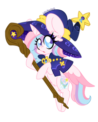 Size: 1280x1595 | Tagged: safe, artist:ladylullabystar, derpibooru import, oc, oc:lullaby star, alicorn, pony, chibi, female, hat, mare, simple background, solo, staff, transparent background, witch hat