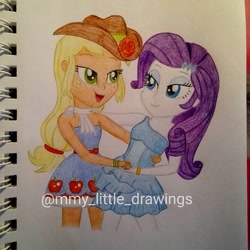 Size: 1080x1080 | Tagged: safe, artist:mmy_little_drawings, derpibooru import, applejack, rarity, equestria girls, equestria girls (movie), bare shoulders, clothes, dress, eyelashes, fall formal outfits, female, hat, lesbian, open mouth, rarijack, shipping, sleeveless, smiling, strapless, traditional art, watermark