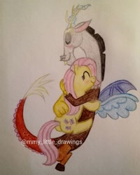 Size: 1080x1350 | Tagged: safe, artist:mmy_little_drawings, derpibooru import, discord, fluttershy, draconequus, pegasus, pony, blushing, discoshy, eyelashes, female, hug, male, mare, shipping, smiling, straight, traditional art, watermark, wings