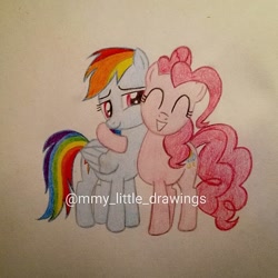 Size: 1080x1080 | Tagged: safe, artist:mmy_little_drawings, derpibooru import, pinkie pie, rainbow dash, earth pony, pegasus, pony, duo, eyelashes, eyes closed, female, grin, lesbian, pinkiedash, shipping, side hug, smiling, traditional art, watermark, wings