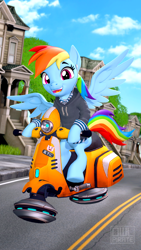 Size: 2160x3840 | Tagged: safe, artist:owlpirate, derpibooru import, rainbow dash, pegasus, pony, 3d, biker, clothes, earbuds, hoodie, hoverbike, moped, source filmmaker