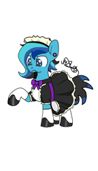 Size: 720x1250 | Tagged: safe, artist:djmatinext, derpibooru import, oc, oc only, oc:blue harmony, earth pony, pony, comic:demoted, base used, beard, blue eyes, clothes, crossdressing, facial hair, maid, maid headdress, male, piercing, shoes, simple background, solo, stockings, thigh highs, trace, trap, white background