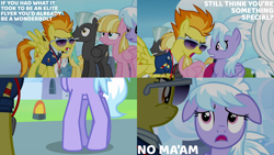 Size: 2000x1125 | Tagged: safe, derpibooru import, edit, edited screencap, editor:quoterific, screencap, cloudchaser, spitfire, pegasus, pony, wonderbolts academy, angry, clothes, duo, duo female, ears, female, floppy ears, looking up, male, mare, open mouth, scared, stallion, teeth, uniform, walking, wonderbolts uniform