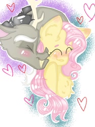 Size: 899x1200 | Tagged: safe, artist:cocolove2176, derpibooru import, discord, fluttershy, draconequus, pegasus, pony, abstract background, blushing, bust, chest fluff, discoshy, ear fluff, ears, eyes closed, female, heart, kiss on the cheek, kissing, male, mare, shipping, smiling, straight