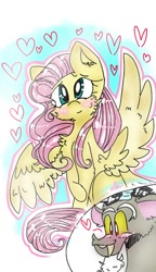 Size: 540x938 | Tagged: safe, alternate version, artist:cocolove2176, derpibooru import, discord, fluttershy, draconequus, pegasus, pony, blushing, bust, chest fluff, discoshy, eyelashes, female, heart, looking up, male, mare, shipping, smiling, straight, wings