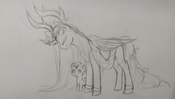 Size: 2048x1152 | Tagged: safe, artist:nekoleelee, derpibooru import, alicorn, pegasus, pony, colt, cookie run, crossover, eyes closed, male, millennial tree cookie, monochrome, open mouth, ponified, simple background, sketch, traditional art, white background, wind archer cookie