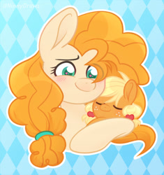 Size: 1701x1810 | Tagged: safe, artist:ninnydraws, derpibooru import, applejack, pear butter, earth pony, pony, abstract background, baby, baby pony, blushing, bust, cute, female, filly, foal, heart eyes, holding a pony, jackabetes, mare, mother and child, mother and daughter, parent and child, pearabetes, simple background, simple shading, smiling, wingding eyes