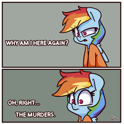 Size: 1500x1500 | Tagged: safe, artist:lou, derpibooru import, rainbow dash, pegasus, pony, clothes, comic, implied murder, jail, meme, ponified meme, prison outfit, prisoner rd, solo