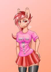 Size: 1200x1700 | Tagged: safe, artist:zachc, derpibooru import, oc, oc only, anthro, bat pony, clothes, ear fluff, ears, female, shirt, skirt, socks, solo, thigh highs, waifu, wings, zettai ryouiki