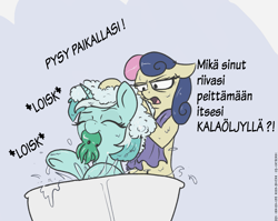 Size: 1535x1220 | Tagged: safe, artist:t72b, derpibooru import, edit, editor:rautamiekka, bon bon, lyra heartstrings, sweetie drops, earth pony, octopus, pony, unicorn, assisted bathing, bath, bathing, bon bon is not amused, cthulyra, cute, eyes closed, finnish, hoofy-kicks, l.u.l.s., lyrabetes, mouth hold, splashing, text, towel, toy, translation, translator:rautamiekka, unamused, underhoof