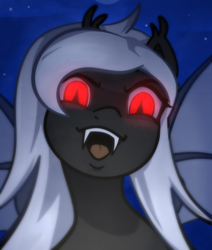 Size: 1322x1560 | Tagged: source needed, safe, artist:sb66, derpibooru import, oc, oc:midnight ruby, bat pony, bat pony oc, fangs, glowing eyes, open mouth, red eyes, red eyes take warning, spooky, spread wings, white mane, wings