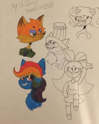 Size: 1080x1349 | Tagged: safe, artist:checkered_egg, derpibooru import, rainbow dash, anthro, fox, human, pegasus, pony, anthro with ponies, bust, eyes closed, female, mare, nick wilde, the powerpuff girls, traditional art, zootopia