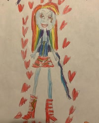 Size: 1080x1350 | Tagged: safe, artist:checkered_egg, derpibooru import, rainbow dash, equestria girls, boots, clothes, female, high heel boots, lipstick, shoes, skirt, smiling, solo, traditional art