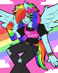 Size: 1000x1250 | Tagged: safe, artist:checkered_egg, derpibooru import, rainbow dash, anthro, pegasus, 20% cooler, arm warmers, bracelet, chains, clothes, cloud, female, hair over one eye, jewelry, nail polish, necklace, pants, rainbow, shirt, signature, sitting, smiling, solo, t-shirt, torn clothes, wings