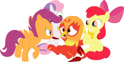 Size: 3573x1798 | Tagged: safe, artist:porygon2z, derpibooru import, apple bloom, scootaloo, sweetie belle, oc, oc:heatwave, griffon, cutie mark crusaders, simple background, tickle torture, tickling, transparent background