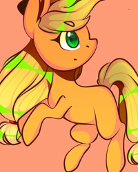 Size: 1080x1350 | Tagged: safe, alternate version, artist:tessa_key_, derpibooru import, applejack, earth pony, pony, colored, female, freckles, hat, looking back, mare, pink background, rearing, simple background, smiling, solo
