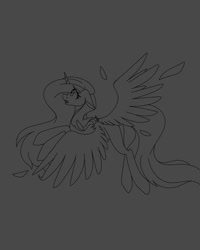 Size: 1080x1350 | Tagged: safe, artist:tessa_key_, derpibooru import, oc, oc only, alicorn, pony, alicorn oc, dark background, horn, lineart, monochrome, solo, wings, worried