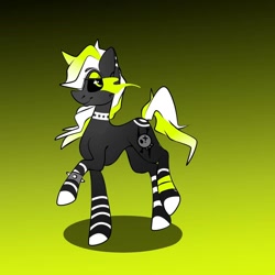 Size: 1080x1080 | Tagged: safe, artist:tessa_key_, derpibooru import, oc, oc only, earth pony, pony, black sclera, choker, colored hooves, earth pony oc, eyelashes, gradient background, raised hoof, raised leg, smiling, solo, sombra eyes, spiked choker