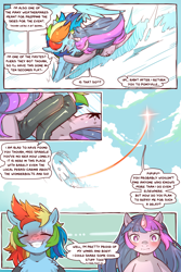 Size: 960x1440 | Tagged: safe, artist:cold-blooded-twilight, derpibooru import, rainbow dash, twilight sparkle, unicorn twilight, pegasus, pony, unicorn, comic:cold storm, blushing, chest fluff, clothes, cloud, cold blooded twilight, comic, dialogue, eyes closed, female, flying, grin, leggings, lesbian, looking at each other, rainbow trail, shipping, smiling, speech bubble, speed lines, spread wings, twidash, wings