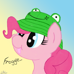 Size: 2160x2160 | Tagged: safe, artist:legendoflink, derpibooru import, pinkie pie, cute, diapinkes, frog hat, gradient background, hat, text, tongue, tongue out