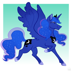 Size: 500x500 | Tagged: safe, artist:mod sunset, artist:picturesofponies, derpibooru import, princess luna, alicorn, pony, dancing, ethereal mane, eyes closed, female, gradient background, happy, mare, smiling, solo, starry mane, wings